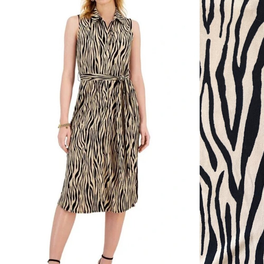 INC Zebra Print Shirtdress Midi Black Tan Womens Medium Neutral Animal Print